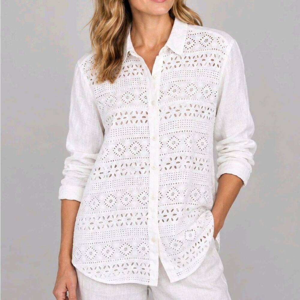 J. Jill Linen Eyelet Lace Embroidered Button Down Blouse Shirt - XL